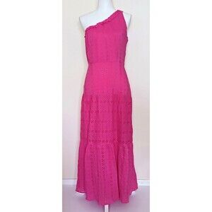 Taylor Hot Pink Cotton Eyelet Maxi Sundress One Shoulder Sz 8